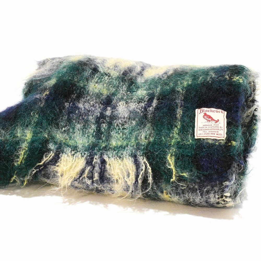 60s Vintage Plaid Mohair Scarf Unisex Plush Wool Fringed Mod Navy Blue Green